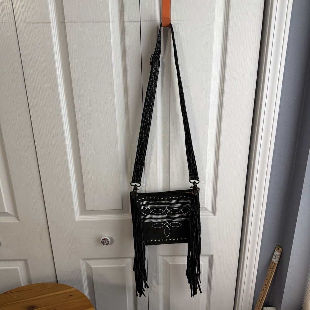 American Darling Black White Embrodiered Leather Suede Fringe Crossbody Rodeo‎